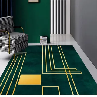 Moderner Teppich für Art-Deco, Wohnzimmer, Schlafzimmer, Esszimmer, Heimbüro, Grün und Gold, geometrische Linien, 180 x 250 cm