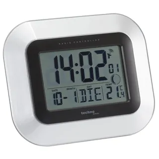 Technoline WS 8005 Funkwanduhr DCF77 Funkuhr mit Innenthermometer | Datum | Wochentag | Mondphase | Wecker mit Snooze | Großes LCD-Display | 12/24h Anzeige | Silber