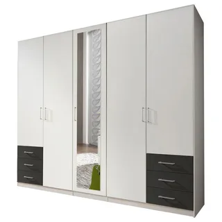 Wimex Kleiderschrank Fuegen (Holztüren, Spiegeltüren, Schubladen, Einlegeböden, Kleiderstangen, 1-St., moderne Optik, alufarbene Bügelgriffe, mit Spiegel) 225cm Spiegel weiß graphit 5-türig grau 225 cm x 208 cm x 58 cm