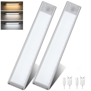 NUODIFAN Schrankbeleuchtung LED mit Bewegungsmelder Led Leiste Schranklicht Schrankleuchte Batterie USB Unterbauleuchte Küche Wiederaufladbar Schrankleuchten für Kleiderschrank, Treppe, RV (weiß x2)