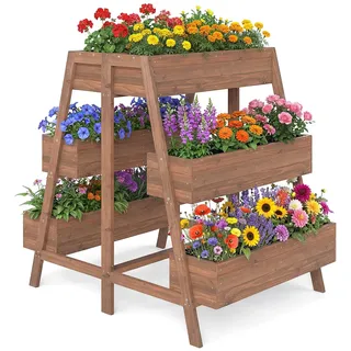 COSTWAY vertikales Hochbeet mit 3 Etagen, Blumenbeet mit 6 Pflanzkästen, Lattenboden & Einsatz, Blumentreppe Gartenbeet Holz, Blumenkasten für Terrasse Balkon Garten, Braun, 126 x 90 x 115 cm