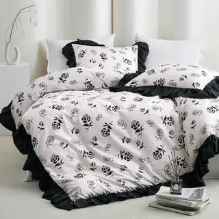 Covebett Bettwäsche 135x200 Blumen Schwarz Weiß mit Rüschen Romantische Bettwäsche Set Blümchen Vintage Blumenmuster Mikrofaser Einzelbett Bettbezug und Kissenbezug 80x80cm Reißverschluss