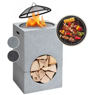 blumfeldt Monolith Feuerschale mit Grill MGO & Stahlschale inkl. Funkenschutz Hellgrauer Granit