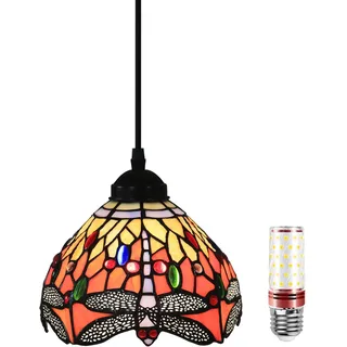 Uziqueif Hängelampe, Tiffany Style Lamp, 8 zoll Esstisch Lampen Hängend, Vintage Pendelleuchte, Glas Pendant Light, Höhenverstellbar, Pendelleuchten für Küche Schlafzimme Wohnzimmer Flur,Rosa Libelle