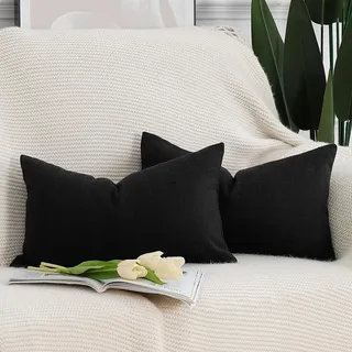 Madizz 2er Set Faux Leinen Kissenbezügen Weich Dekorative Kissenabdeckung für Sofa Schlafzimmer Kissenhülle Schwarz 30x50 cm Rechteckig