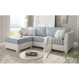 Furn.Design Sofa Hooge, 3-Sitzer in cremeweiß mit blau Landhaus, mit Bonell Federkern, inklusive Hocker weiß