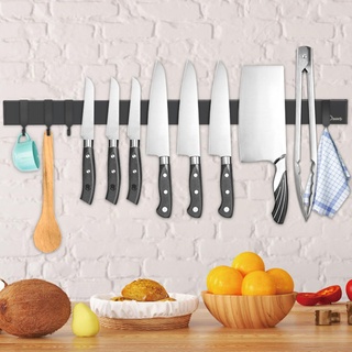 Dmore 59 cm Magnetleiste Messer mit 4 Haken, schwarzer Messerhalter magnetisch ohne Bohren, leistungsstarker Magnet Messerhalter, inklusive Klebeband und Schrauben für Messer, Utensilien und Werkzeuge