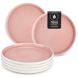Steingut Teller Set 6 personen, vancasso ELBA Speiseteller flach ø 26 cm, Essteller für Pasta, Salat, Dessert, Frühstück, Geschirr für Spülmaschine und Mikrowelle, Servierteller mit randerhöhung, Rosa