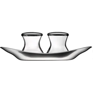 WMF Wagenfeld Streuer Set 3-teilig, Max und Moritz, Salzstreuer mit Teller, Salz und Pfefferstreuer, Glas, Cromargan Edelstahl mattiert, spülmasch...