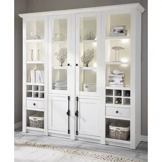 Furn.Design Buffet Hooge (Buffetschrank in weiß Pinie Landhaus, 4-türig, 194 x 207 cm) mit 18 Fächern und Flaschenregal weiß