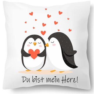 Blickfang Du bist Mein Herz Pinguin Kissen, Valentinstag, Geburtstags Geschenk Kissen für Sie Uns Ihn | Dekokissen | Kuschelkissen 40X40 Bedruckt | Kissenbezug(mit Kissenfüllung), Weiß
