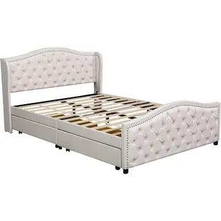 Merax Polsterbett 140x200 Ohrform Doppelbett aus Kunstleder mit 2 Schubladen & Zugpunktnieten & Lattenrost Weiß