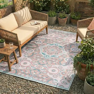 FRAAI | Home & Living Outdoor Teppich Boho - Vedra Medaillon Rosa - Wetterfest - Polypropylen - 80x150 cm - Garten/Terrasse - Terrasse Teppich - Outdoor Rug