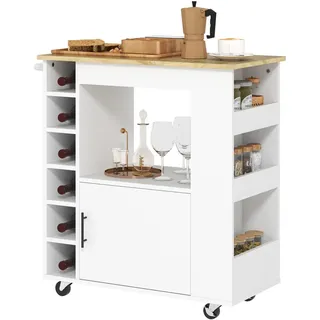 Homcom Küchenwagen Servierwagen mit Arbeitsplatte aus Holz, Ablagen, Weinregalen, Küchenschrank Rollwagen mit Soft-Close-Scharnieren, Griff,