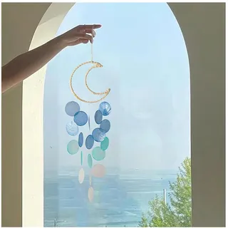 Rockreyoa Muschel Windspiel Wond Capiz Muscheln Windspiele Baumwollseil Gewebt Hängend Ornamente Natürlich Perlmutt Schale Windglocke Girlande Traumfänger für Garten Home Dekoration Blau