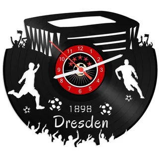GRAVURZEILE Wanduhr Schallplattenuhr Dresden - 100% Vereinsliebe - Fußball - schwarz