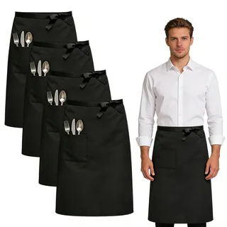 VUTYNKO Vorbinder Schürze mit Tasche, 4 Stück 68x70cm Kellnerschürze Verstellbare Lang Vorbinder, Kochschürze Damen Herren Halbe Arbeit Servierschürze Grillschürze Schwarz für Küche Restaurant Café - 68x70cm