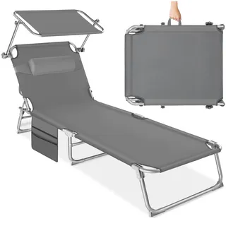 tectake® Sonnenliege klappbar, tragbar, Liege mit Seitentasche, Strandliege, Gartenliege mit Dach, Liegestuhl mit Verstellbarer Rückenlehne, inkl. Kopfkissen - für Balkon, Terrasse, Camping - grau