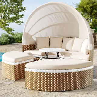 KUAKE Rattan Sonneninsel mit faltbarem Sonnendach, Polyrattan Lounge Set inkl. Kissens & höhenverstellbarem Couchtisch, Outdoor Sonnenliege Gartenliege, für Garten Terrasse Veranda