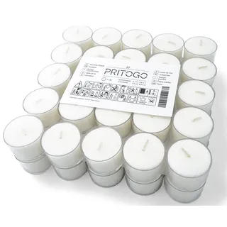 Pritogo Teelichter, 50 Stück, Weiß, Brenndauer: 8 Stunden, 20 g Wachsgewicht, 25 x 38 mm, Kunststoffhülle, Gastro, Hochzeit, Dekorieren, Feiern, Entspannen, Outdoor, Party