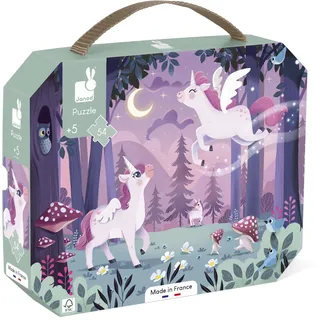 Janod Puzzle 54 Teile-Thema Einhorn-Lernspiel Feinmotorik und Konzentration-Valisette Griff FSC-Zertifiziert-Pflanzliche Druckfarben-Ab 5 Jahren, J02555, Purple