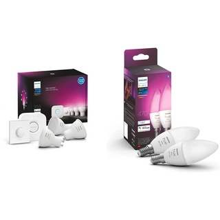 Philips Hue White & Color Ambiance GU10 3er Starter Set & White & Color Ambiance E14 Lampe Doppelpack 2x320lm, dimmbar, bis zu 16 Millionen Farben, steuerbar via App