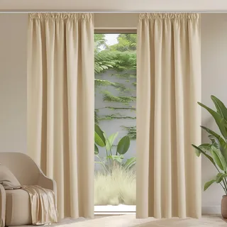 PONY DANCE Übergardinen mit Kräuselband Thermo Vorhang Hitzeschutz 2er Set H 210 x B 140 cm Blickdichte Gardinen Wohnzimmer Verdunkelungsvorhang für Schiene, Biscotti Beige