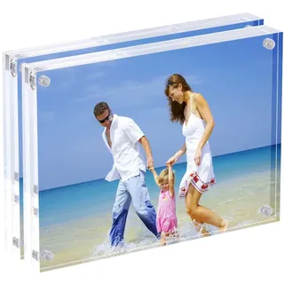 AMEITECH Acryl Bilderrahmen, 9x13 cm transparent, doppelseitig magnetisch Bilderrahmen, Desktop rahmenlose Postkarte Display - 2er Pack