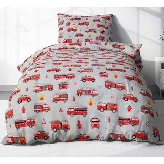 Heubergshop 2 teilige Renforcé Bettwäsche 135x200cm und 80x80cm - Feuerwehr grau rot - Kinderbettwäsche aus 100% Baumwolle, Kinder (EW-Feuerwehr-135x200)