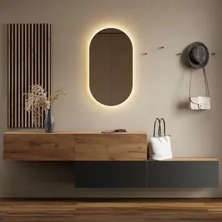 Planetmöbel Flurgarderobe 160cm Gold Eiche/Anthrazit mit Spiegel 50cm, Wandpaneel 50cm, 32,5H x 160B x 37,8T cm