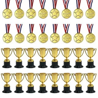 16 Stück Mini Pokale für Kinder mit 16 Mini Trophäe und 16 Medaillen | Hochwertige Pokale Trophäen Mini Pokal Set,Leichte Kunststoff-Trophäenbecher Mini Pokal für Klassenzimmer,Schule,Belohnungen