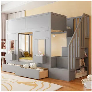 Odikalo Etagenbett Kinderbett 90x200 mit Stauraumtreppe und Schubladen (mit Fenstern und Staukästen, Holzgestell mit Sicherheitsgeländer, Platzsparendes Kinderbett für Jungen und Mädchen)