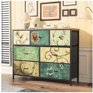 PXloue Kommode Sideboard Schubkastenkommode, 7 Schubladen, Retro-Stil, Blumenstoff, Breite 100cm schwarz 100 cm x 78 cm x 30 cm