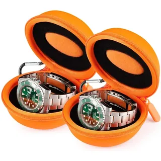 HELMDY Reise-Uhrenbox für Männer und Frauen, Uhrenbox mit Reißverschluss | mit Karabinerhaken Und Schwamm, Tragbare runde Uhr Aufbewahrungsbox, Geeignet für alle Uhren unter 50 mm (Orange-2 Stück)