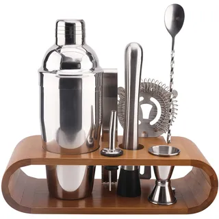 COOK CONCEPT 7-teiliges Cocktail-Set mit Bambusständer Silber | 7-teiliges Cocktailset aus bestehend aus Shaker, Barsieb und Bambusständer. Ideal für Mixologie und als Geschenkidee.