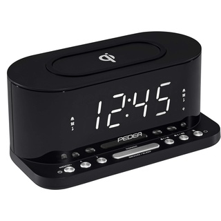 PEDEA FM Radiowecker mit induktiver QI-Ladefunktion und dimmbarem Display, Snooze, Dual Alarm und Sleep-Timer, schwarz