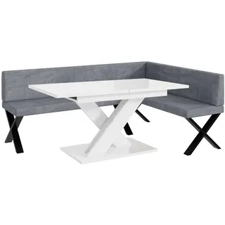 MEBLINI Eckbank für Esszimmer mit ausziehbarem Tisch - Küchenbank - Essecke - Sitzecke Küche - Toni - X-Beine 142x196x87cm Rechts - Grau Samt/B Weiß Hochgl.