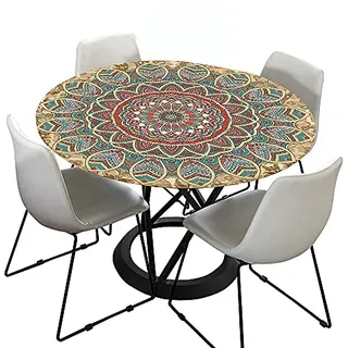 Morbuy Rund Tischdecke Elastisch, Mandala Drucken Rund Tischdecken Wasserdicht Lotuseffekt Abwaschbar Abwischbar Tischtuch für Dekoration Küchentisch Garten Outdoor (Durchmesser 150cm,Beige)