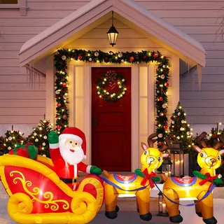 Kalolary 8 Fuß Lange Weihnachts Aufblasbare Weihnachtsaufblasbarer Weihnachtsmann auf Schlitten Weihnachten Outdoor Innendekoration für Haus Familie Hof Dekor Rasen Garten Partybedarf