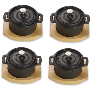 ECHTWERK Kochtopf Set aus Gusseisen, Mini-Kochtopf mit Servierbrett, Kleiner Bräter, Bereits eingebrannt, Für Backöfen, Grill, BBQ und Induktion geeignet, Ideal zum Servieren, 250 ml, 4tlg
