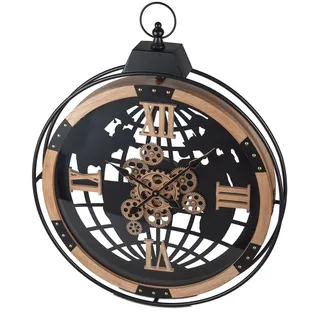 formano XXL Wanduhr Weltkarte 82 cm Metall/Holz Uhr mit beweglichen Zahnrädern Modern Wanddeko Batteriebetrieben Wohnzimmer Schlafzimmer Büro Quarzwerk Analog