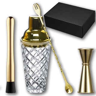 Gbuxska Gold Cocktail Shaker Set – Premium Glas Barkeeper-Set mit Messbecher, Rührlöffel und Stößel