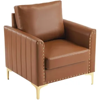 Merax Moderner PU-Lederstuhl, Chesterfield-Sessel, Lounge-Sessel, Einzelsessel, Lesesessel, stilvolle Nieten mit roségoldenen Metallbeinen Braun
