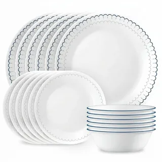 Corelle 18-teiliges Geschirr-Set, Service für 6 Personen, leichte, runde Teller und Schüsseln, Vitrelle dreilagiges Glas, splitterfest, mikrowellen- und spülmaschinenfest, kaspisch, marineblau, weiß