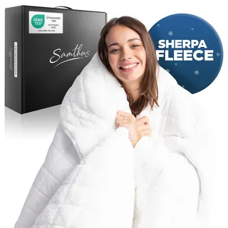 Samthus Gewichtsdecke 135x200cm 6kg Sherpa Fleece - Oeko-Tex Zertifiziert - Therapiedecke & Entspannungsdecke - Besser schlafen mit unserer schweren Bettdecke - Weighted Blanket - Weiß