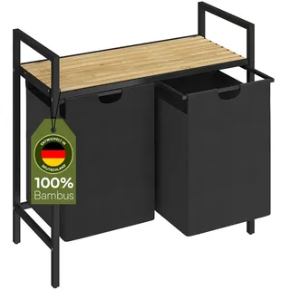 steelsøn Rigil Wäschesammler 2 Fächer – Wäschekorb mit 1 Bambus Ablage – 2x 45 L Wäscheboxen in schwarz – Metall Wäschesortierer – ausziehbare & herausnehmbare Wäschesäcke – Schmutzwäschebehälter