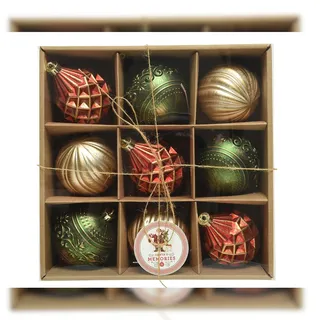 Christmas Decorations 9 Weihnachtskugeln 8cm Kunststoff Retro Christbaumkugeln Vintage rot gold grün