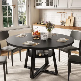 Garvee Runder Esstisch 120 cm für 4-6 Personen, mit Ablagefach – Stabiler Holztisch mit Metallbeinen, platzsparend für Küche & Esszimmer – Schwarz