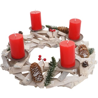 Mendler Adventskranz rund, Weihnachtsdeko Tischkranz, Holz Ø 40cm weiß-grau ~ mit Kerzen, rot