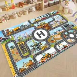 DLAYLQZG Spielteppich Baustelle für Jungen - Interaktives 3D-Stadtplan Design mit Bagger, Kran & Muldenkipper | rutschfeste Lernmatte für Kinderzimmer, Schlafzimmer & Babyzimmer (Style,60x90cm)